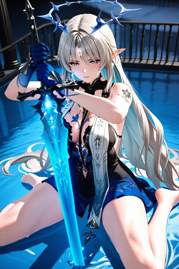 持蓝色发光剑的银发精灵少女动漫插画