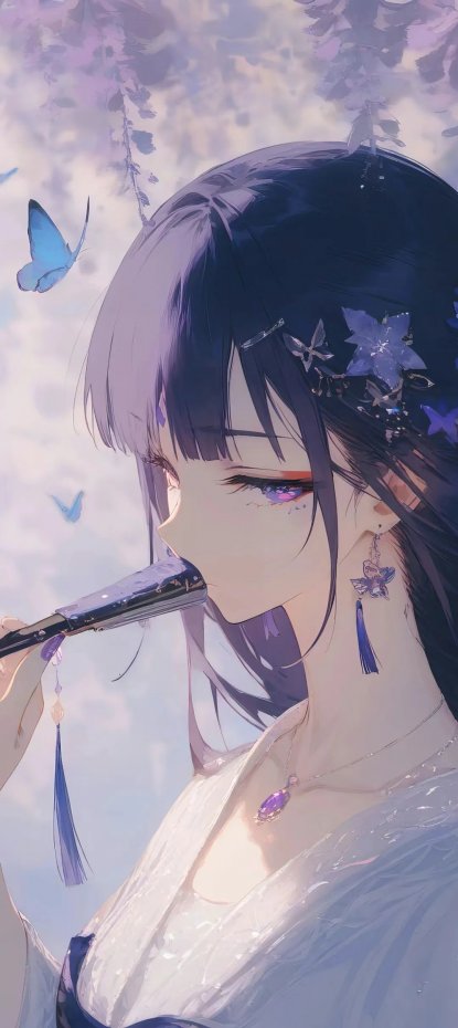 吹笛紫发少女唯美风手机壁纸