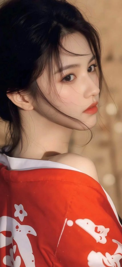 穿红白色花纹服饰的女子写真