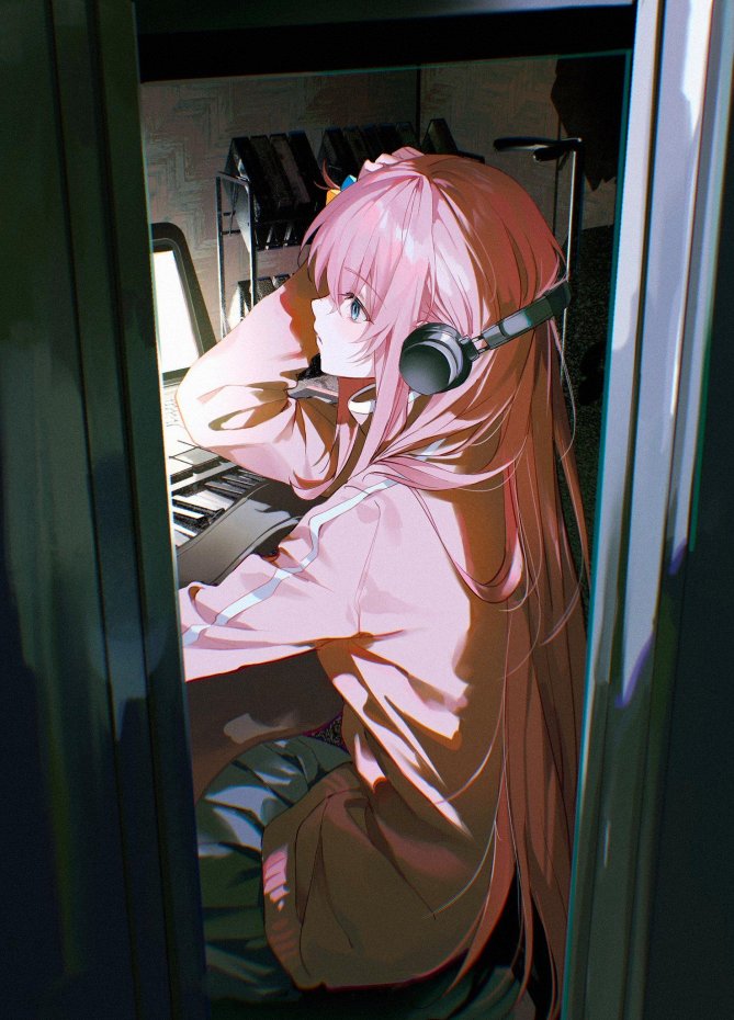 戴耳机粉发少女文艺风手机壁纸