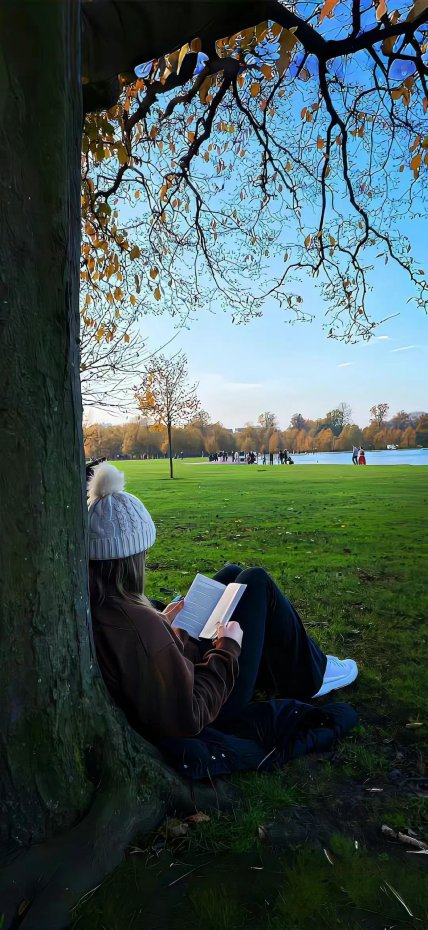 公园树下读书女性治愈风手机壁纸
