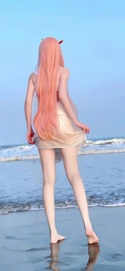 海边粉发少女唯美风手机壁纸