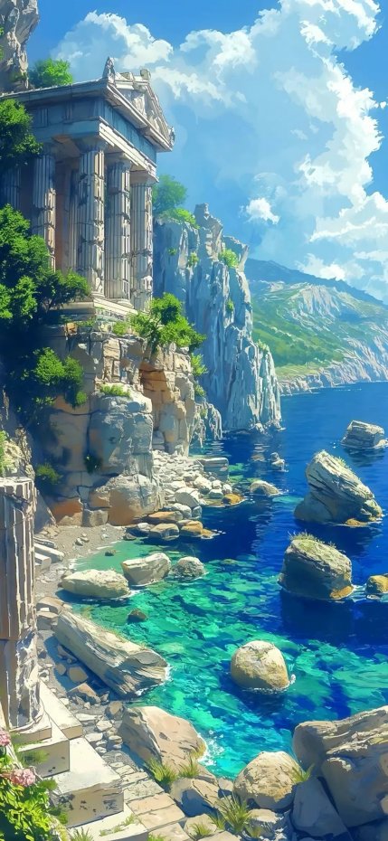 海边古希腊建筑美景风手机壁纸