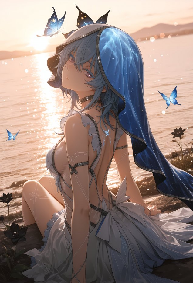 海边蓝发少女二次元手机壁纸