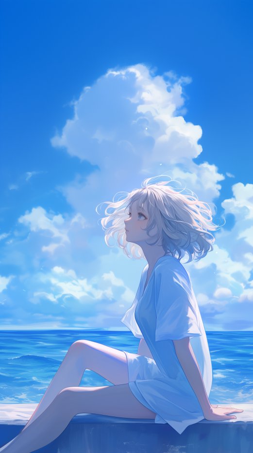 海边少女二次元清新风手机壁纸