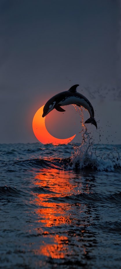 海豚跃出月牙夕阳创意风手机壁纸