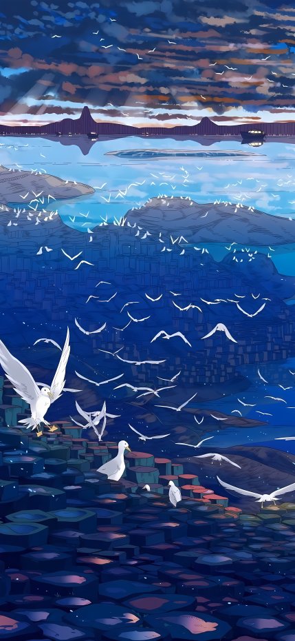 海鸥与蓝色调风景治愈风手机壁纸