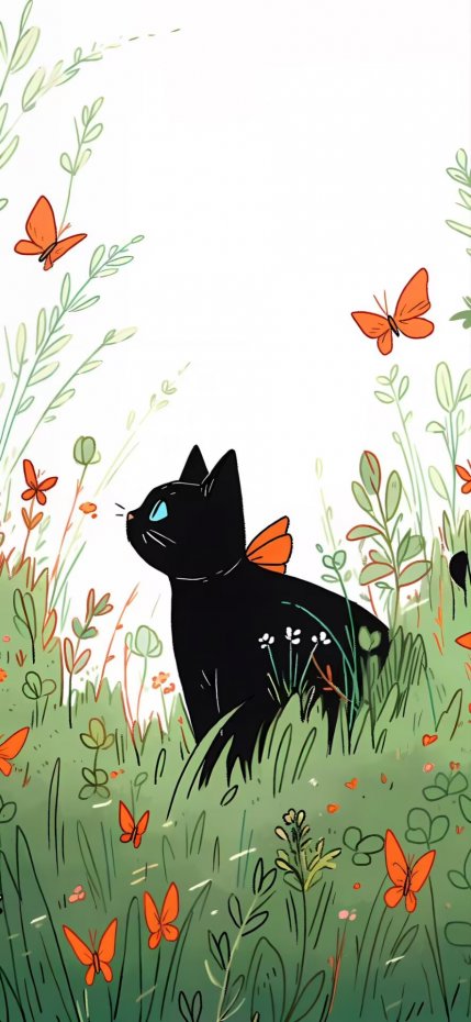 花丛黑猫与蝴蝶治愈风手机壁纸