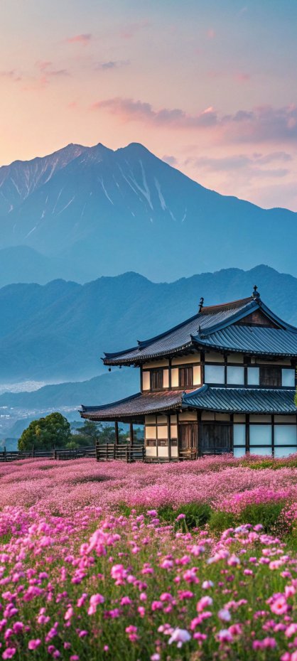 花海古建山水美景风手机壁纸