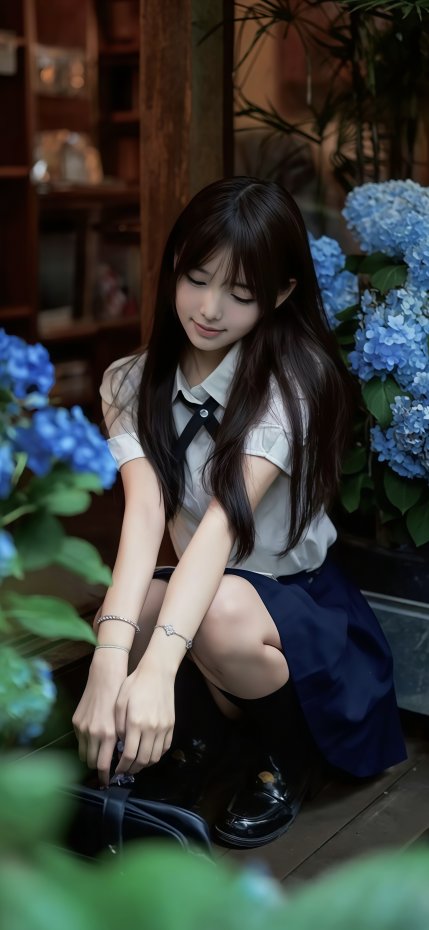 花丛中制服少女甜美风手机壁纸