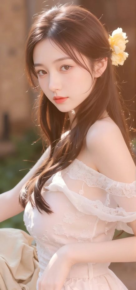 户外戴黄花穿白裙女孩写真