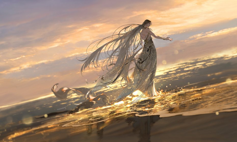 长发女子海景插画壁纸