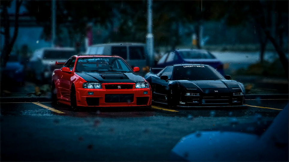 本田 NSX X 日产 GT-R R34 在雨中动态壁纸