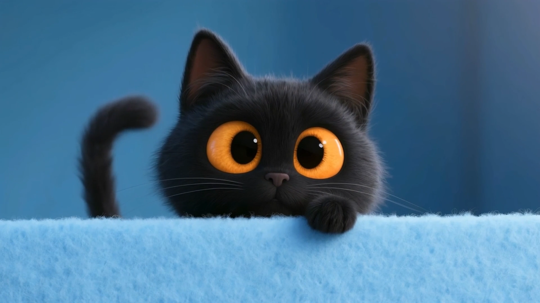 可爱的黑色小猫，大琥珀色眼睛动态壁纸