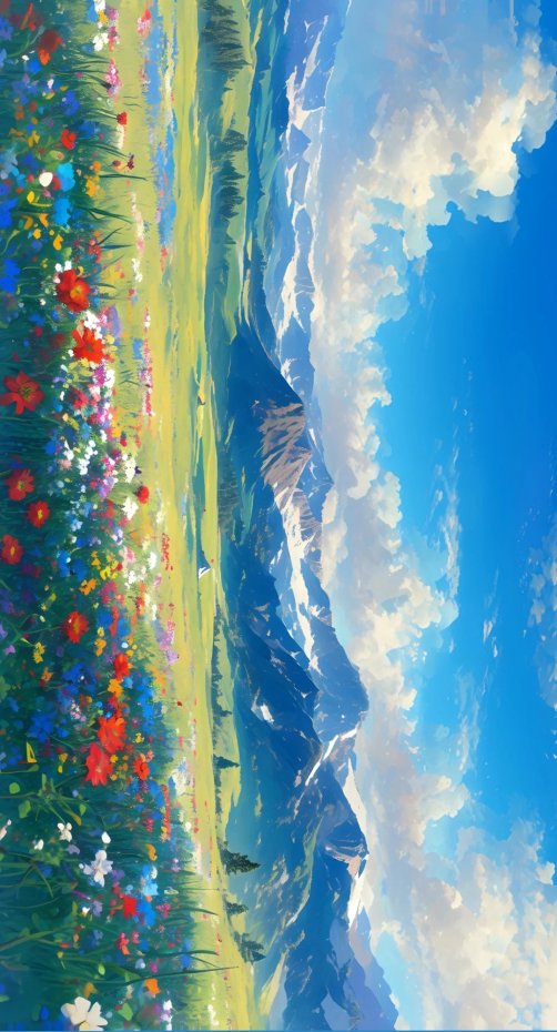 壮美绚丽山间花海与远山风景插画