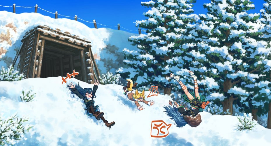 白雪地滑倒的三位日漫游戏角色欢乐场景壁纸
