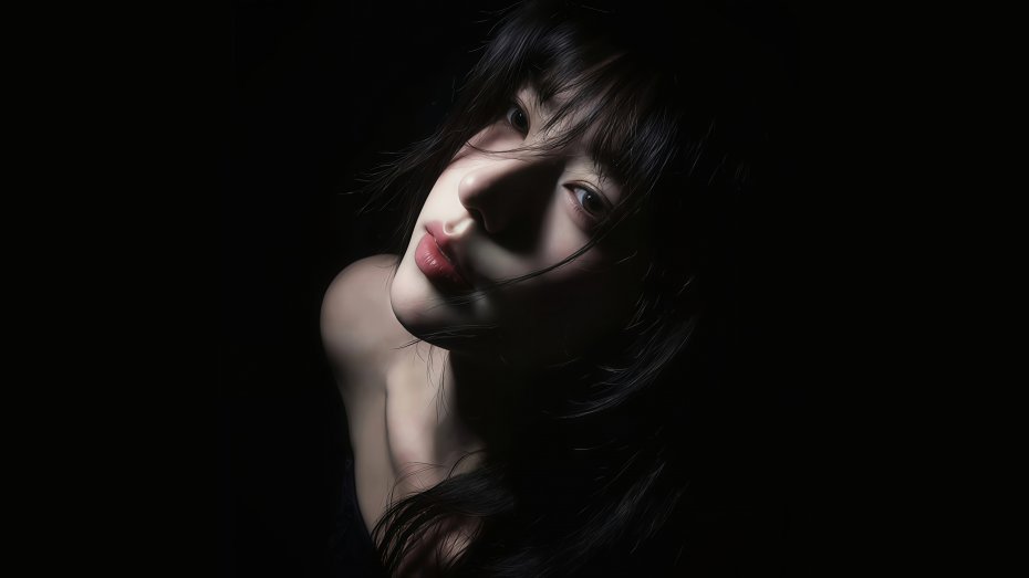 暗光下女性侧脸特写黑发红唇光影视界对比艺术摄影巧思创电脑壁纸