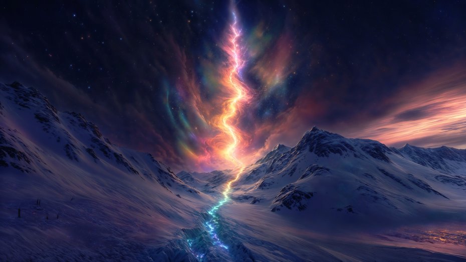 圣洁雪山光影闪电峡谷风景夜空彩色奇幻电脑壁纸