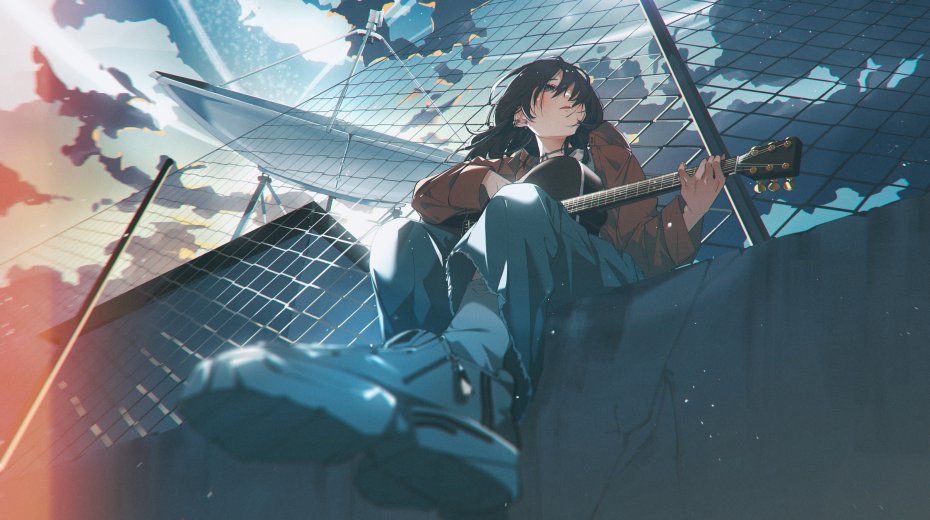 黑发元气少女屋顶弹吉他弦卫星天线天空背景二次元动画电脑壁纸