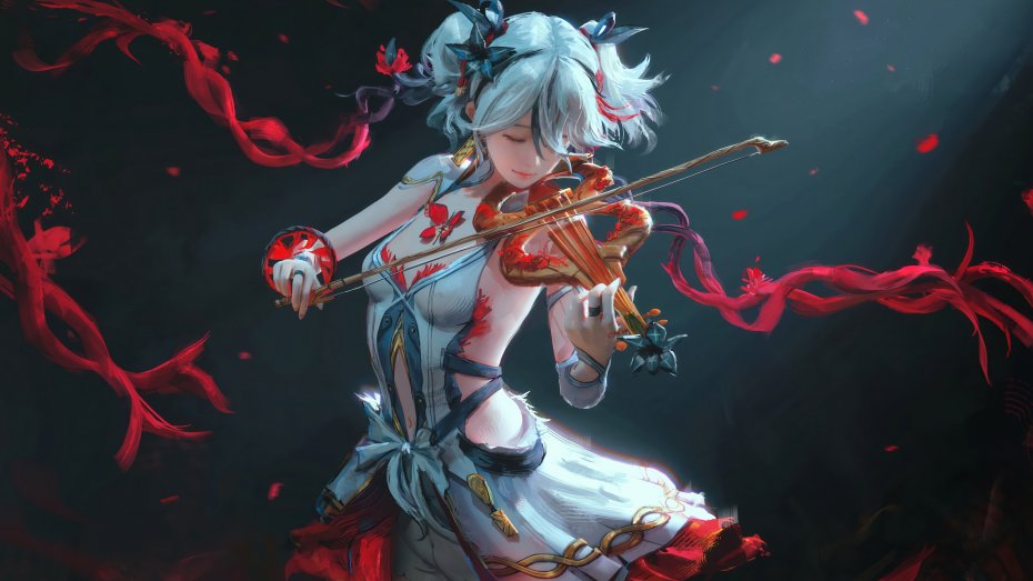 鸣潮世界椿白发元气少女拉小提琴红绸飞舞花瓣飘散唯美疾电脑壁纸