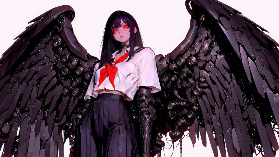 黑发美少女穿白衬衫红领结背生巨大机械黑翼黑暗和风科幻电脑壁纸