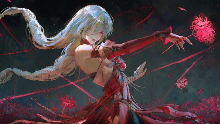 鸣潮世界弗洛洛白发可爱少女舞红丝带彼岸花飘落梦幻动漫电脑壁纸