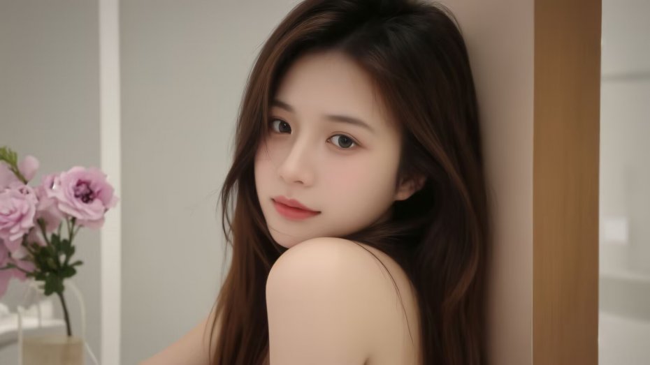 长发魅力女性露肩回眸室内繁花背景摄影电脑壁纸