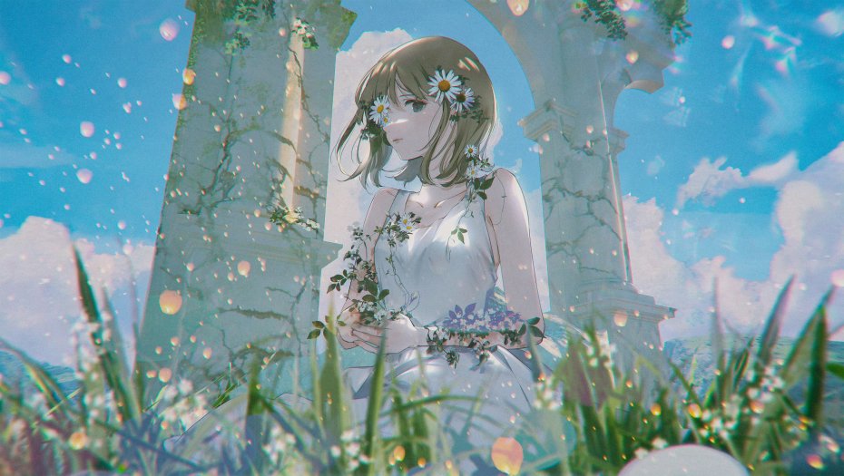 缤纷花海插画少女动漫雏菊废墟拱门唯美电脑壁纸