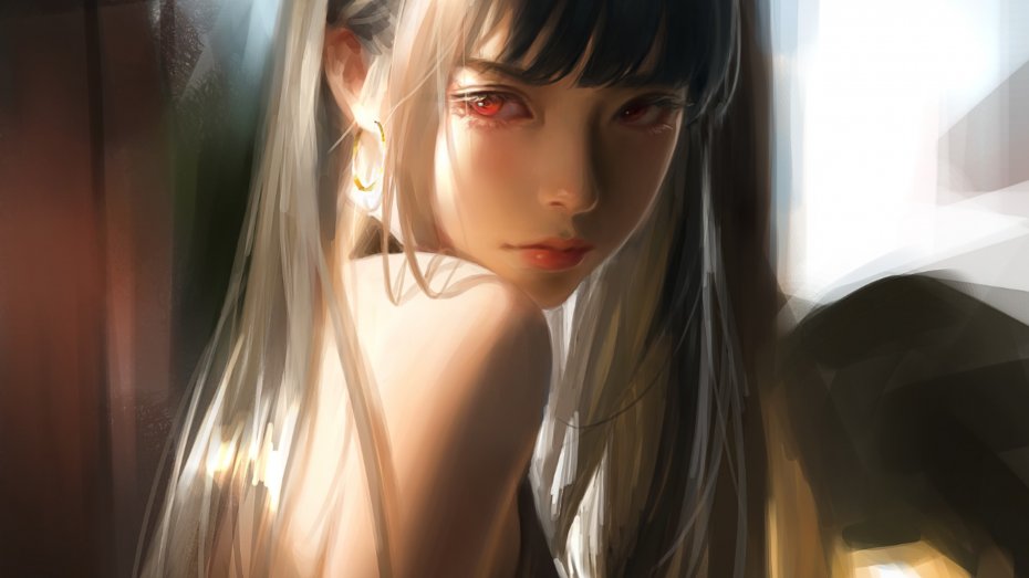 银发红瞳美少女侧脸光影视界原创插画人物电脑壁纸