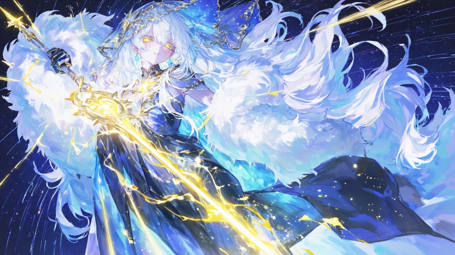 银发魔女持法杖释放金色魔法背景奇幻中的满天星斗电脑壁纸