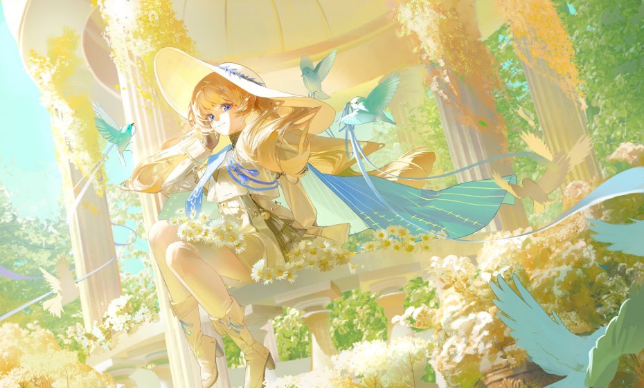 金发少女角色花园白鸽环绕动画少女电脑壁纸