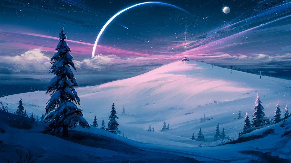 白雪夜北极光弧光与山顶小屋梦幻胜景电脑壁纸