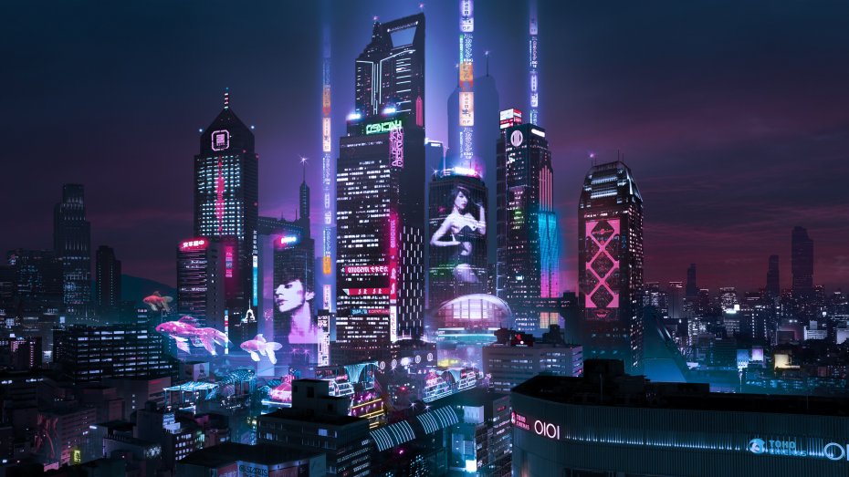 未来都市都市绚丽夜色璀璨霓虹高楼与空中金鱼原创设计电脑壁纸