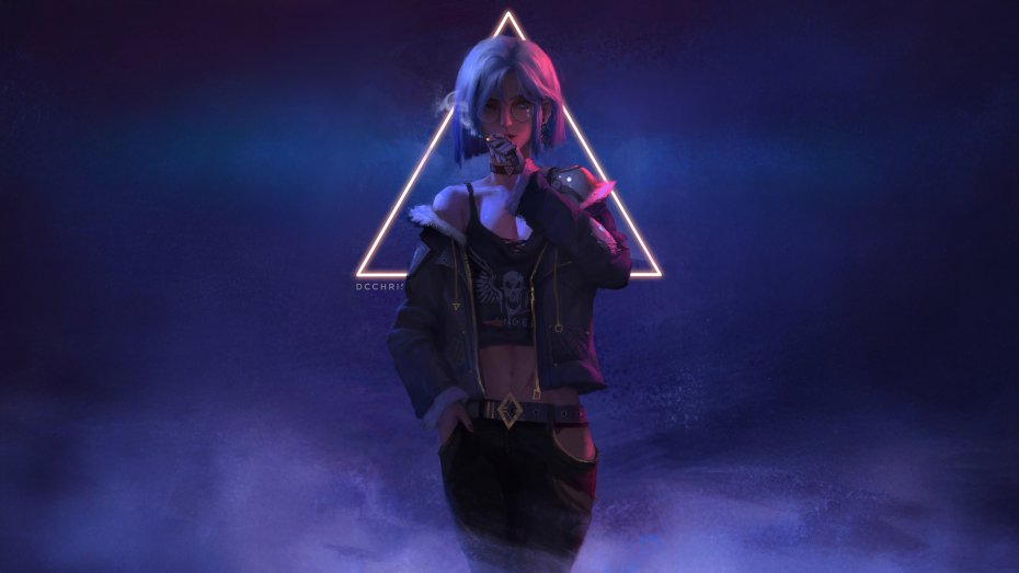 科技霓虹赛博朋克人物科幻少女短发戴眼镜抽烟三角光效电脑壁纸