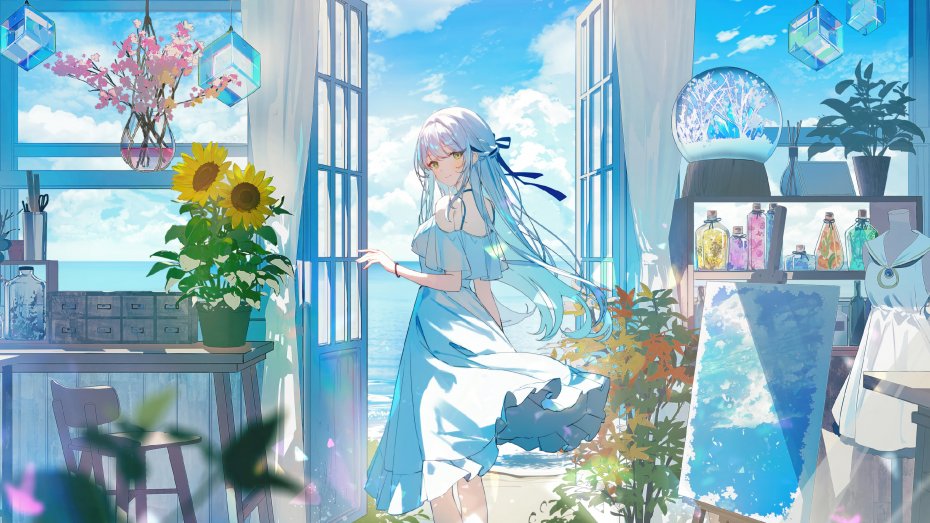 阳光向日葵治愈系动漫少女蓝发海边画室窗边清新电脑壁纸