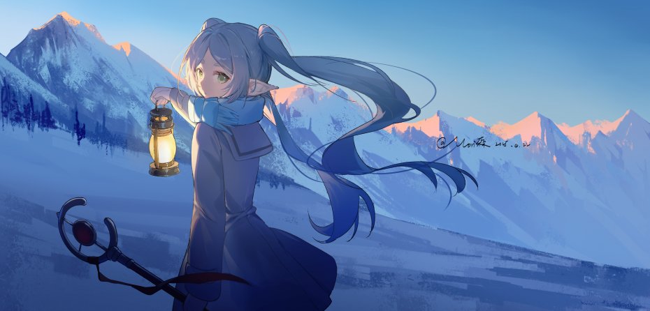 动画与元气少女葬送的芙莉莲手持提灯背景银装山峦电脑壁纸