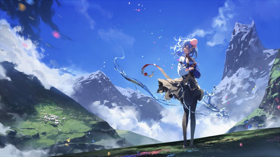 蓝发美少女立于巍峨雪山草地间清新治愈动画少女电脑壁纸