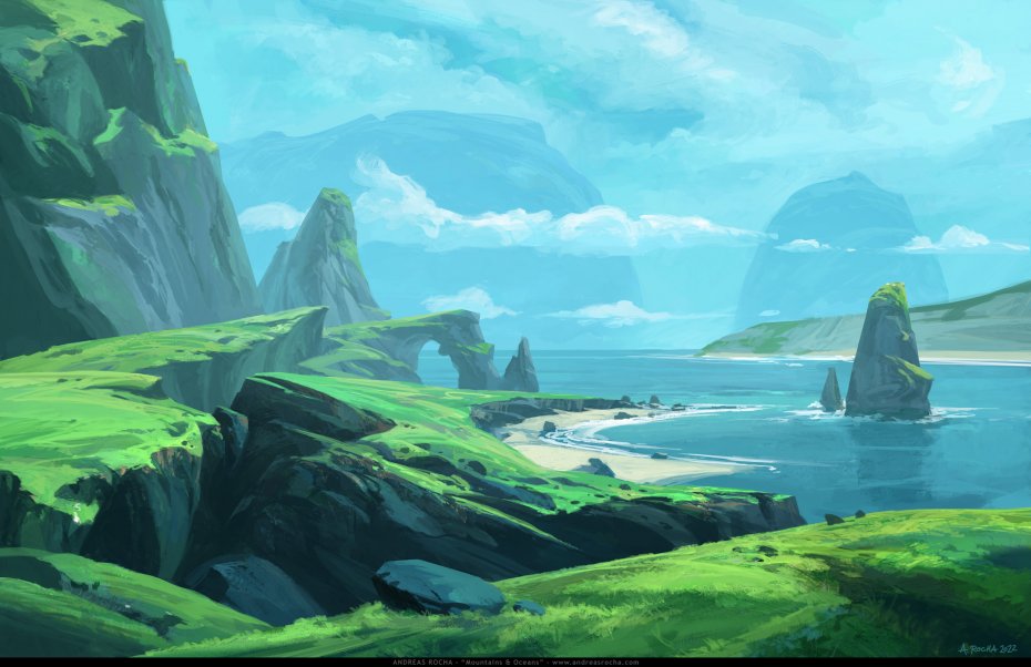 绿色海岸悬崖碧海银沙碧波奇幻山水原创插画山川电脑壁纸