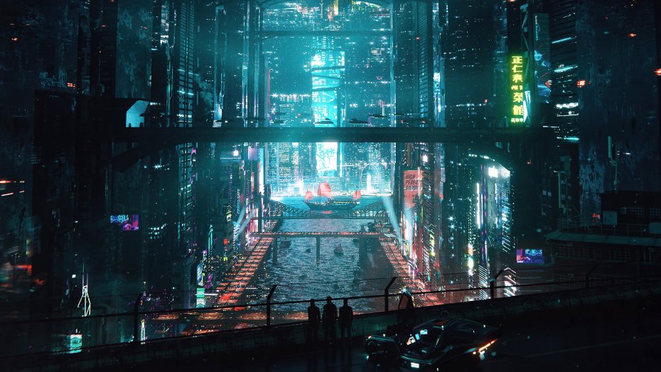 霓虹灯与跨海大桥山水未来倒影繁华夜色动画都市霓虹世界电脑壁纸